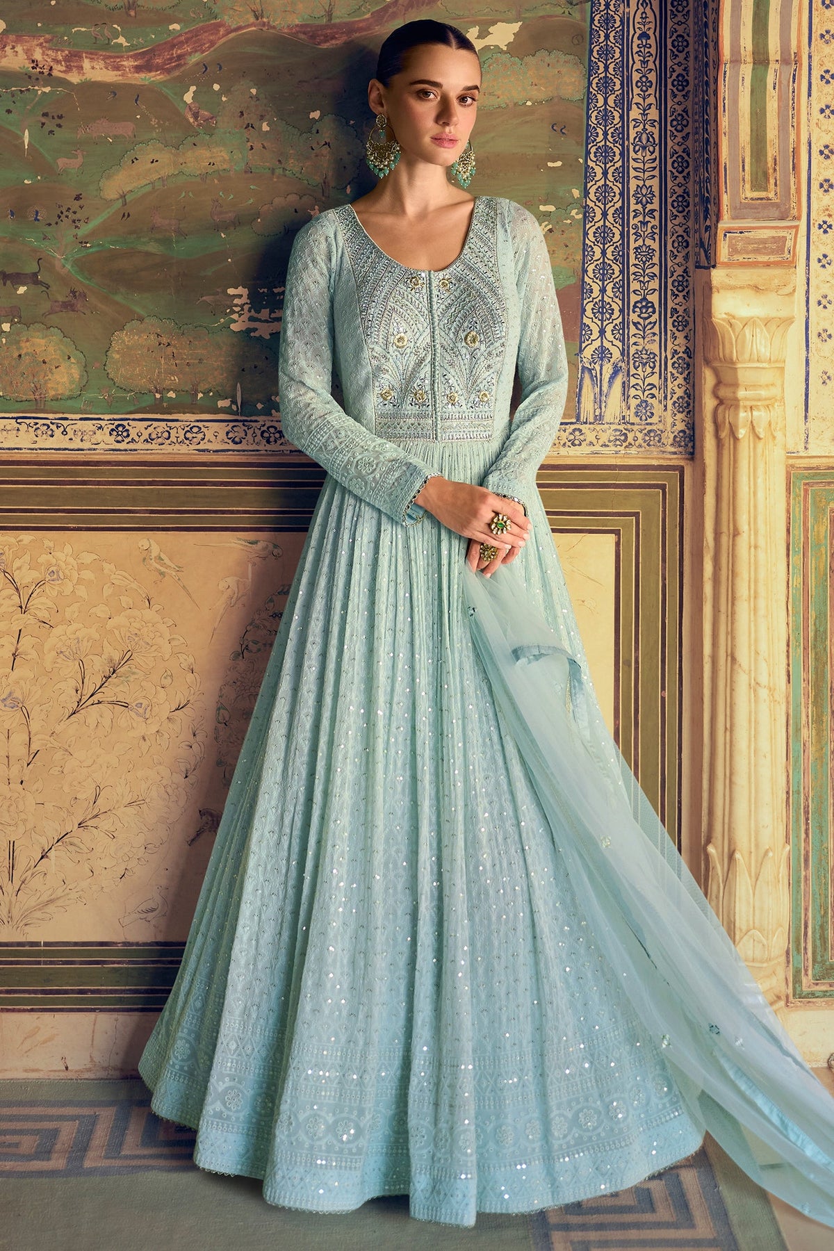Light Blue Georgette Lucknowi Embroidered Anarkali Suit