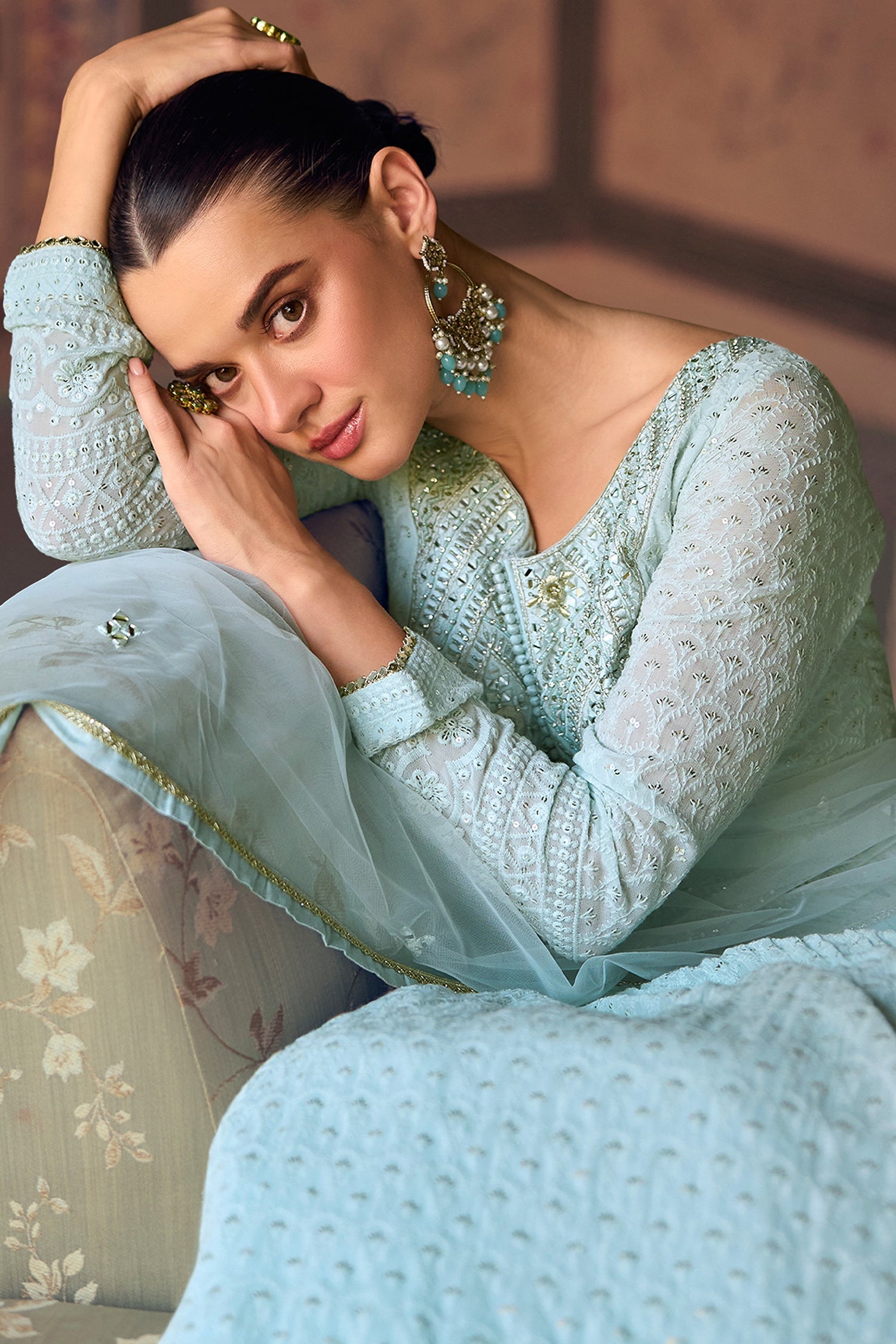 Light Blue Georgette Lucknowi Embroidered Anarkali Suit