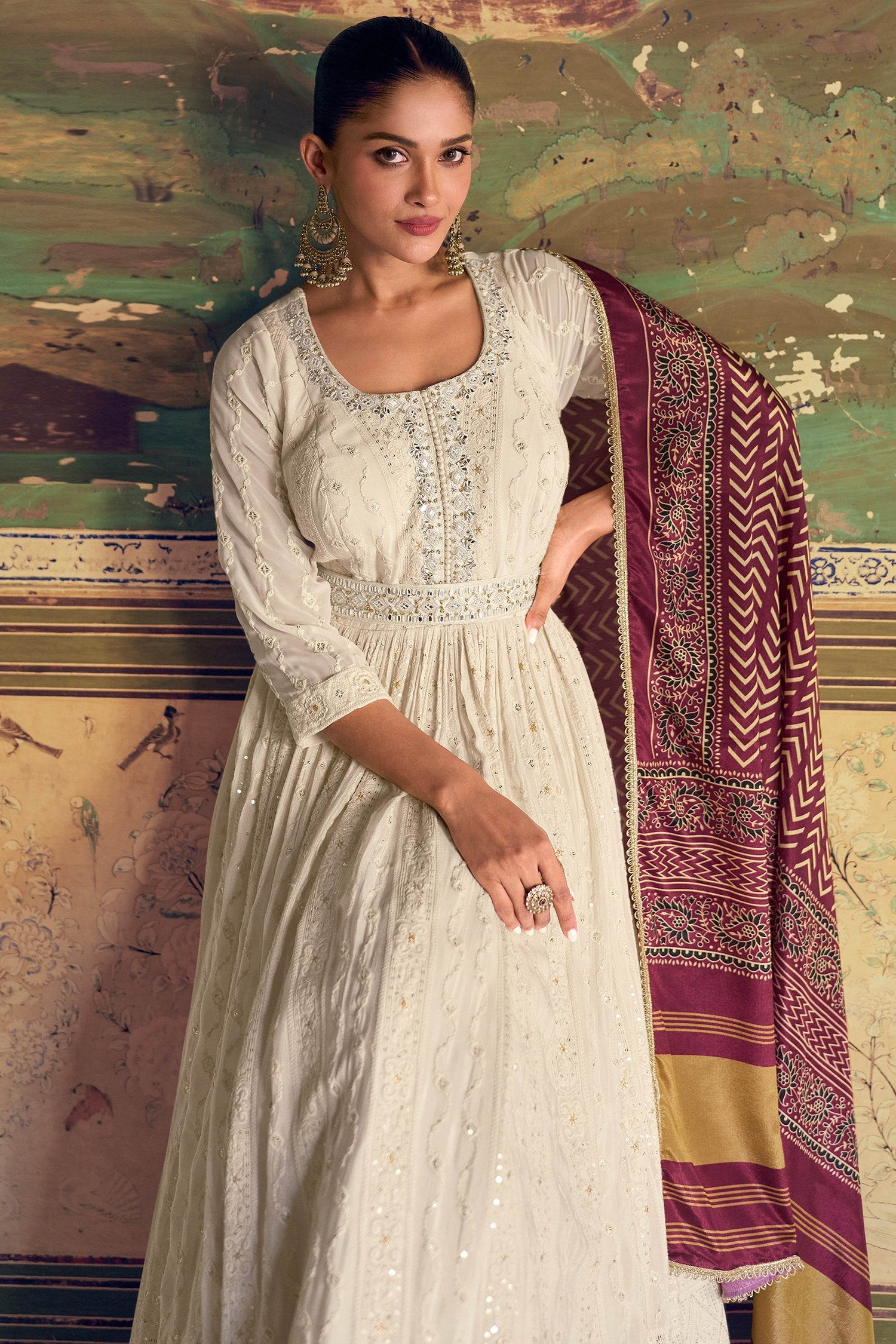 Off White Georgette Lucknowi Embroidered Anarkali Suit