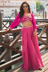 Pink Viscose Jacquard Sequin Embroidered and Cutdana Worked Crop Top Palazzo Set