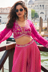 Pink Viscose Jacquard Sequin Embroidered and Cutdana Worked Crop Top Palazzo Set