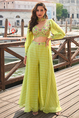 Parrot Green Viscose Jacquard Embroidered and Cutana Worked Crop Top Palazzo Set