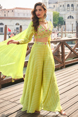 Parrot Green Viscose Jacquard Embroidered and Cutana Worked Crop Top Palazzo Set
