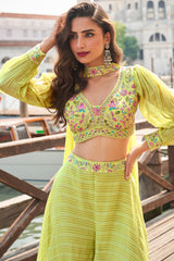 Parrot Green Viscose Jacquard Embroidered and Cutana Worked Crop Top Palazzo Set