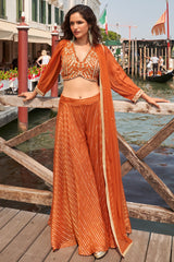 Orange Viscose Jacquard Applique Worked Crop Palazzo Set