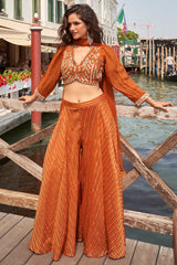 Orange Viscose Jacquard Applique Worked Crop Palazzo Set