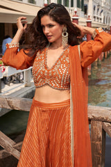 Orange Viscose Jacquard Applique Worked Crop Palazzo Set