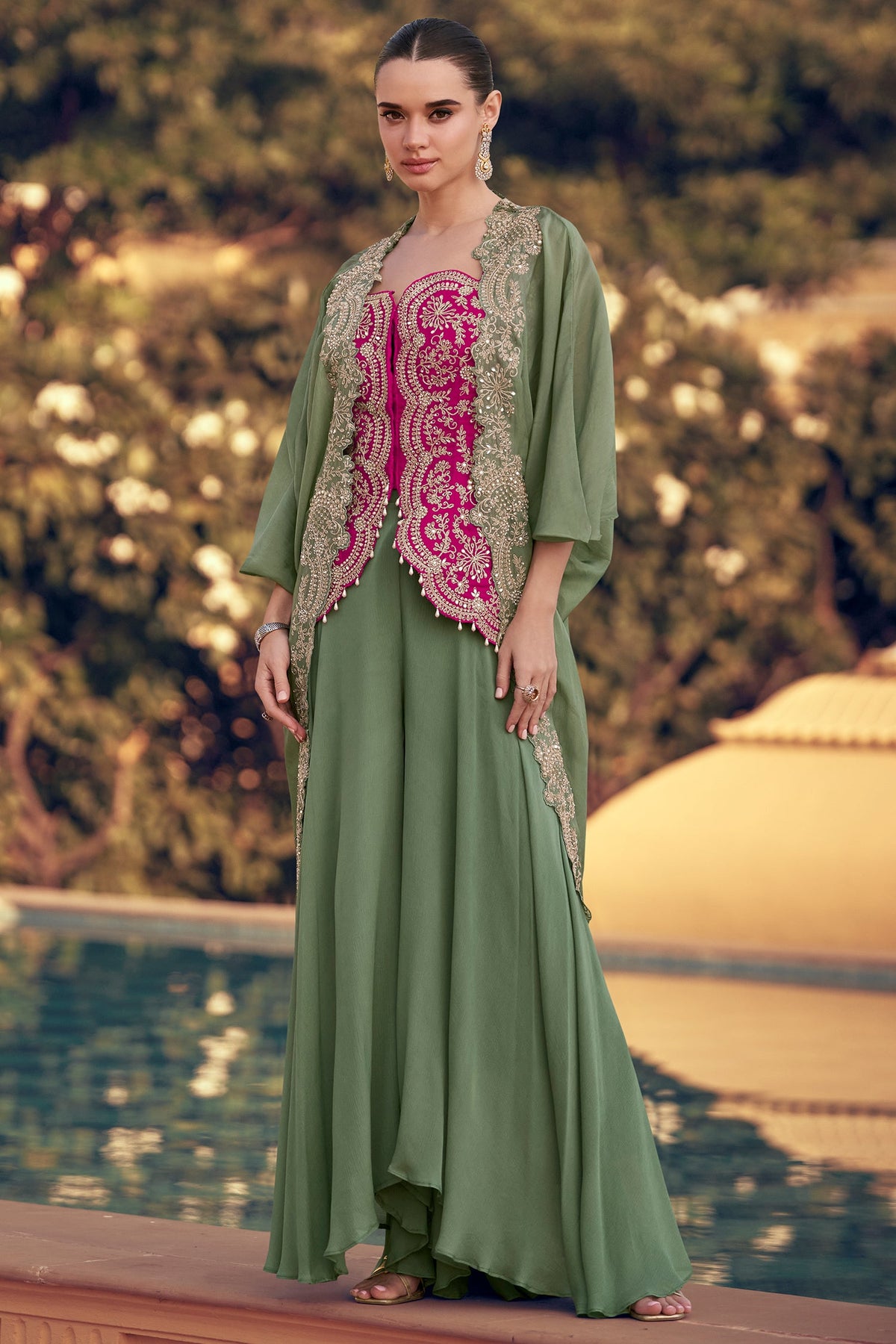 Pink Organza Silk Embroidered Crop Top Palazzo Set with Jacket