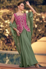Pink Organza Silk Embroidered Crop Top Palazzo Set with Jacket