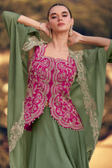 Pink Organza Silk Embroidered Crop Top Palazzo Set with Jacket