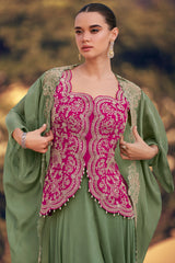 Pink Organza Silk Embroidered Crop Top Palazzo Set with Jacket