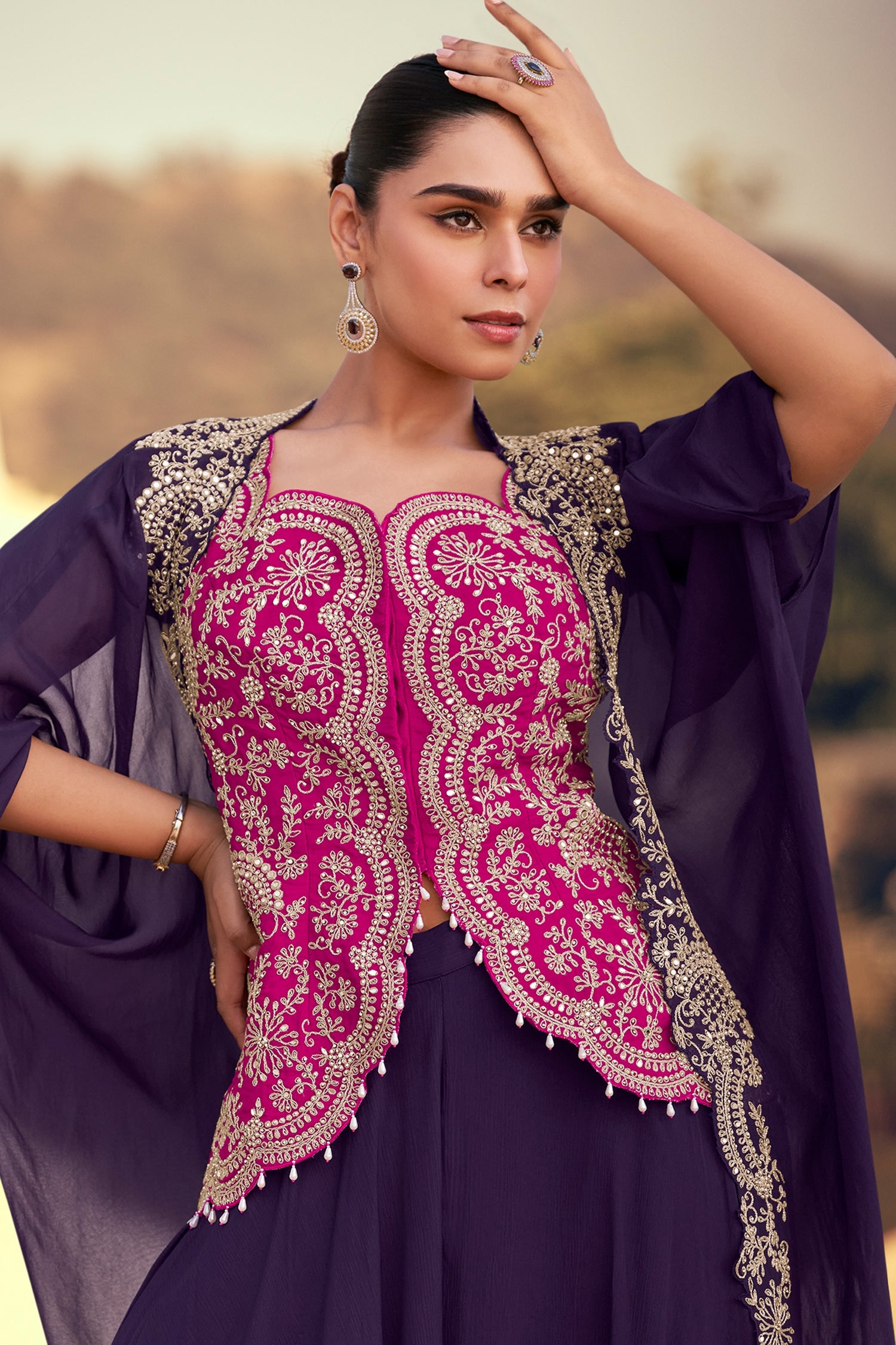Pink Organza Silk Embroidered Crop Top Palazzo Set with Jacket