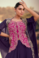 Pink Organza Silk Embroidered Crop Top Palazzo Set with Jacket