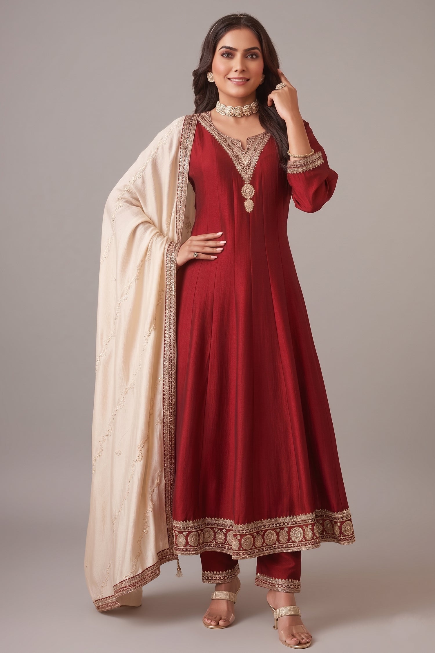 Maroon Art Silk Anarkali Suit with Sequin Embroidery work - maroon silk saree embroidery Main image
