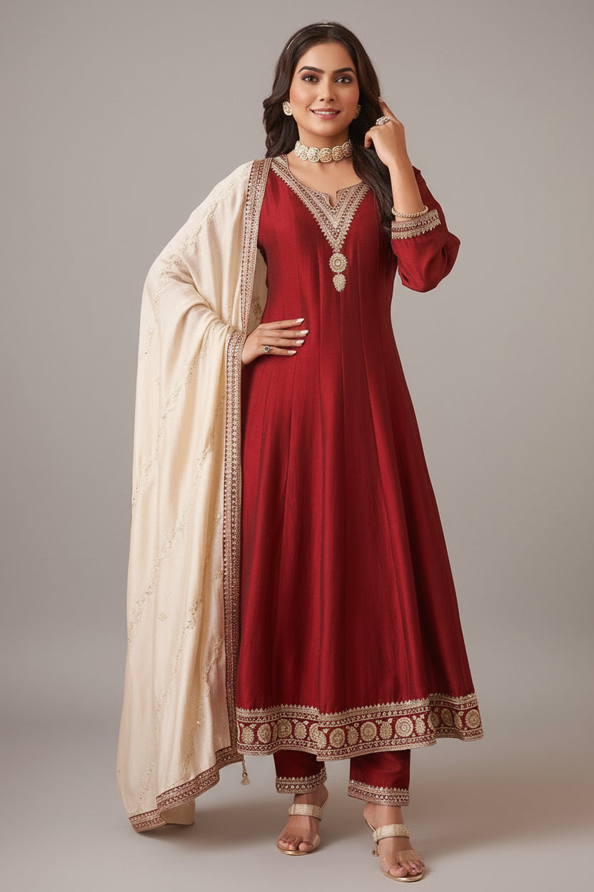 Maroon Art Silk Anarkali Suit with Sequin Embroidery work - maroon silk saree embroidery