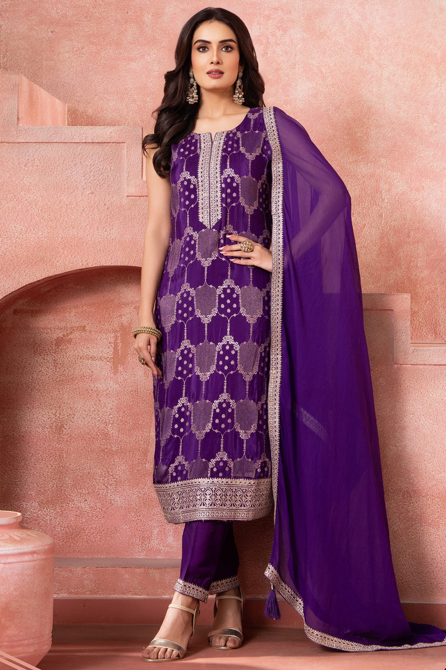 Purple Art Silk Woven Straight Cut Suit with Sequin and Embroidery Work