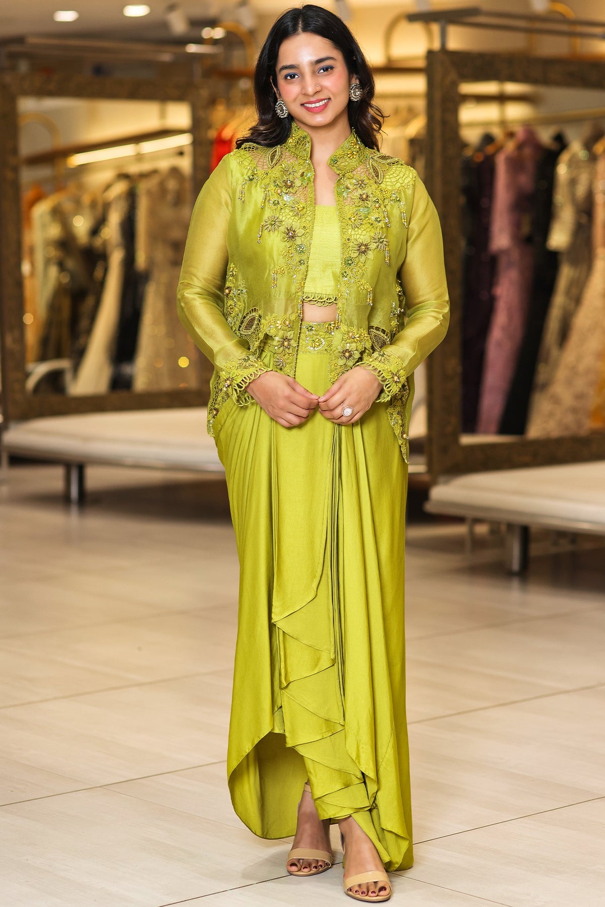 Olive Green Raw Silk Designer Heavy Worked Crop Top Jacket with Pleated Dhoti Skirt - green silk saree