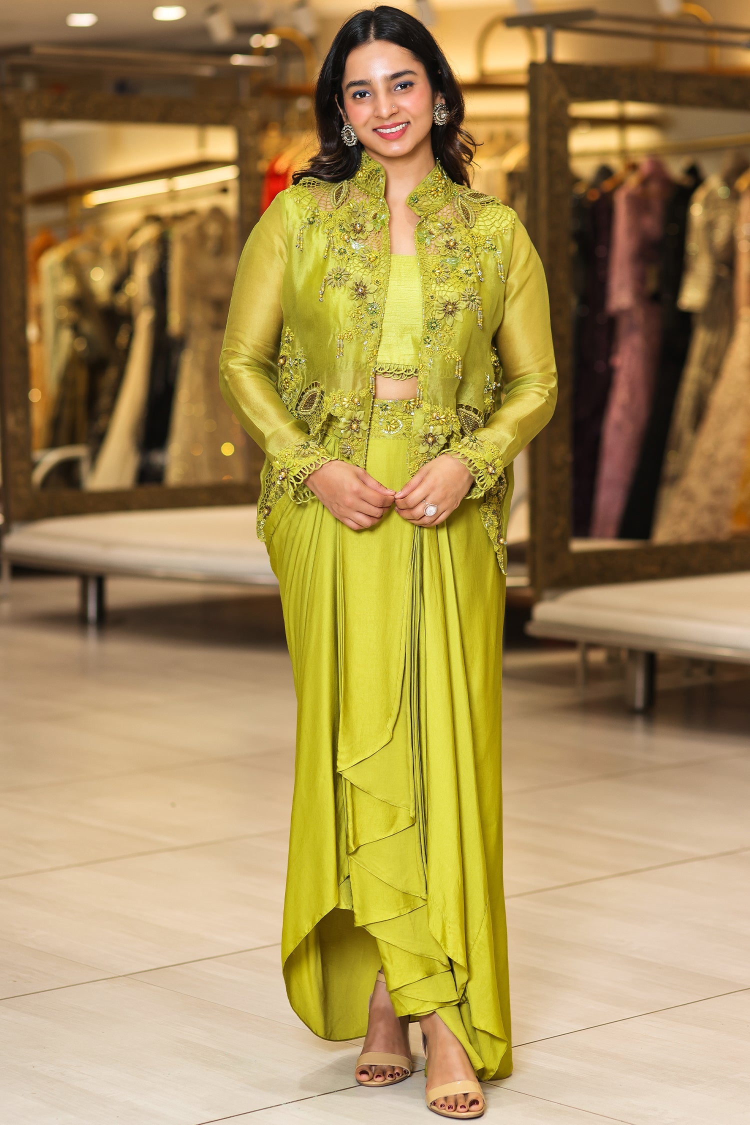 Olive Green Raw Silk Designer Heavy Worked Crop Top Jacket with Pleated Dhoti Skirt - green silk saree
