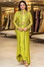 Olive Green Raw Silk Designer Heavy Worked Crop Top Jacket with Pleated Dhoti Skirt - green silk saree