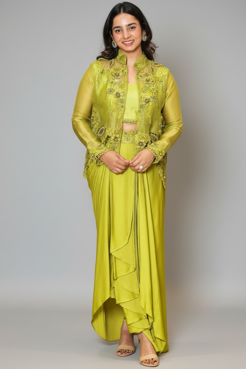 Olive Green Raw Silk Designer Heavy Worked Crop Top Jacket with Pleated Dhoti Skirt - green silk saree
