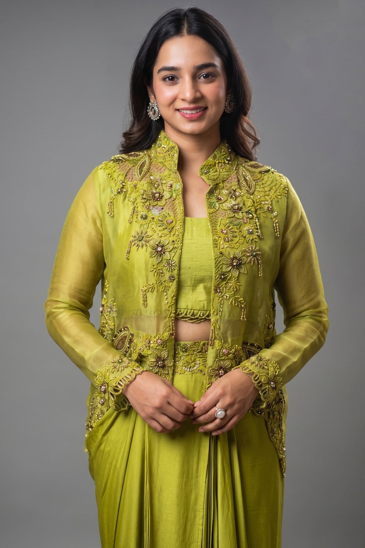 Olive Green Raw Silk Designer Heavy Worked Crop Top Jacket with Pleated Dhoti Skirt - green silk saree