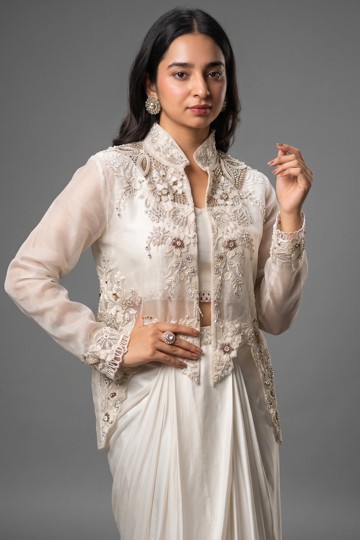 White Raw Silk Designer Heavy Worked Crop Top Jacket with Pleated Dhoti Skirt - white silk saree