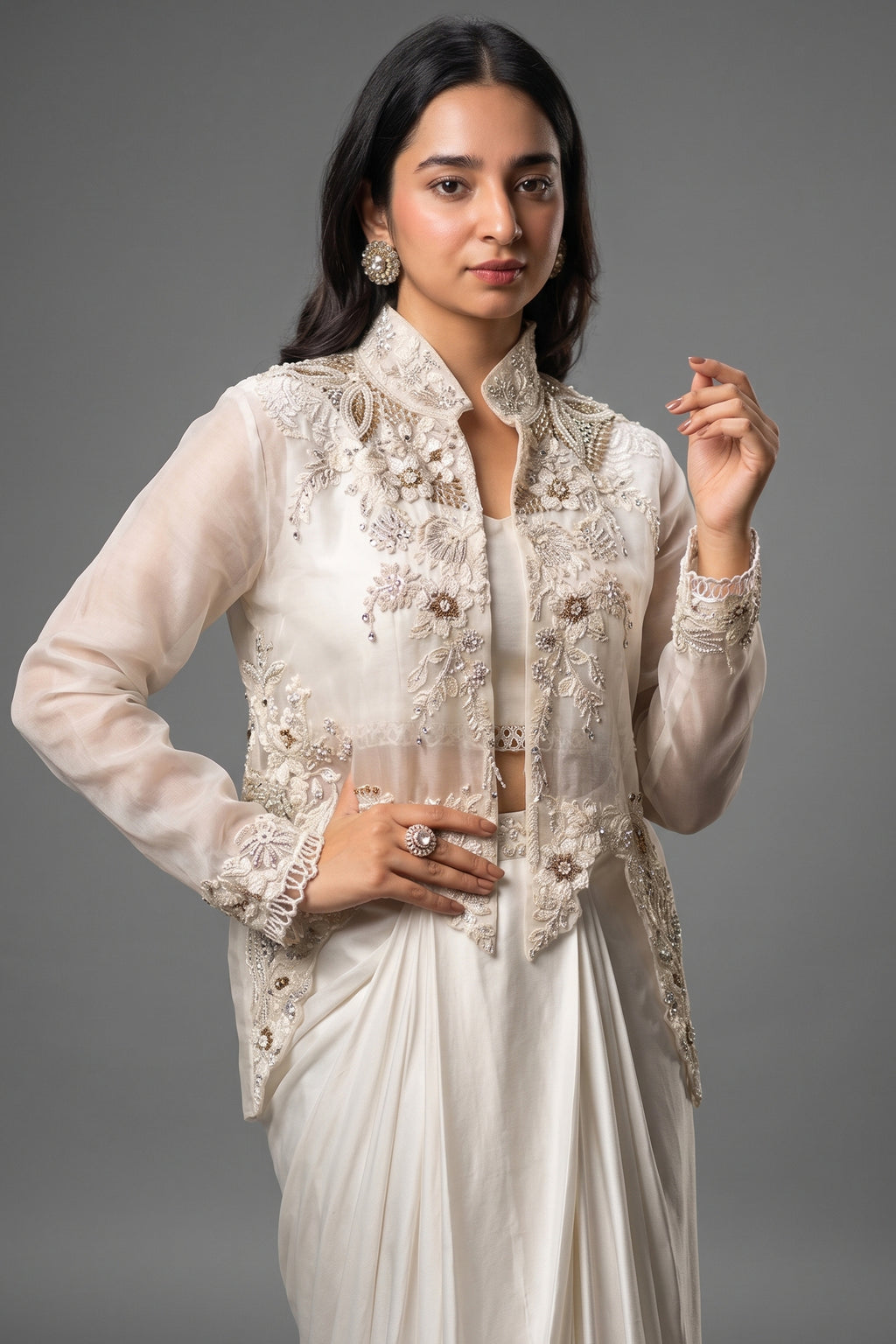 White Raw Silk Designer Heavy Worked Crop Top Jacket with Pleated Dhoti Skirt - white silk saree