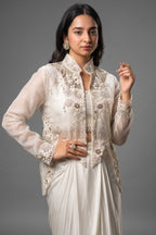 White Raw Silk Designer Heavy Worked Crop Top Jacket with Pleated Dhoti Skirt - white silk saree