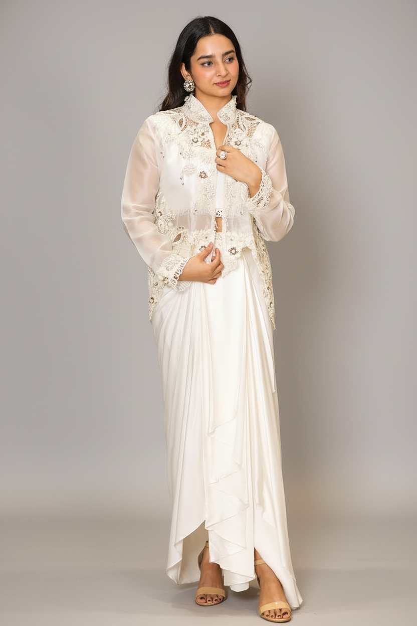 White Raw Silk Designer Heavy Worked Crop Top Jacket with Pleated Dhoti Skirt - white silk saree Main image