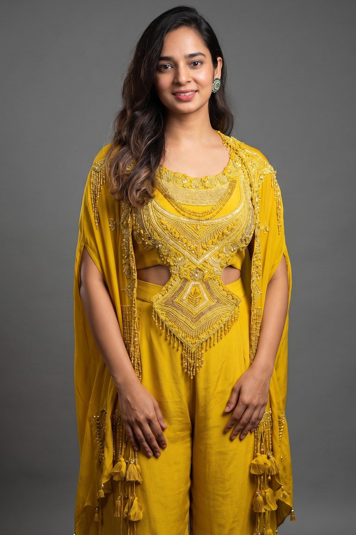 Yellow Raw Silk Designer Heavy Worked Crop Top Palazzo with Jacket - yellow silk saree