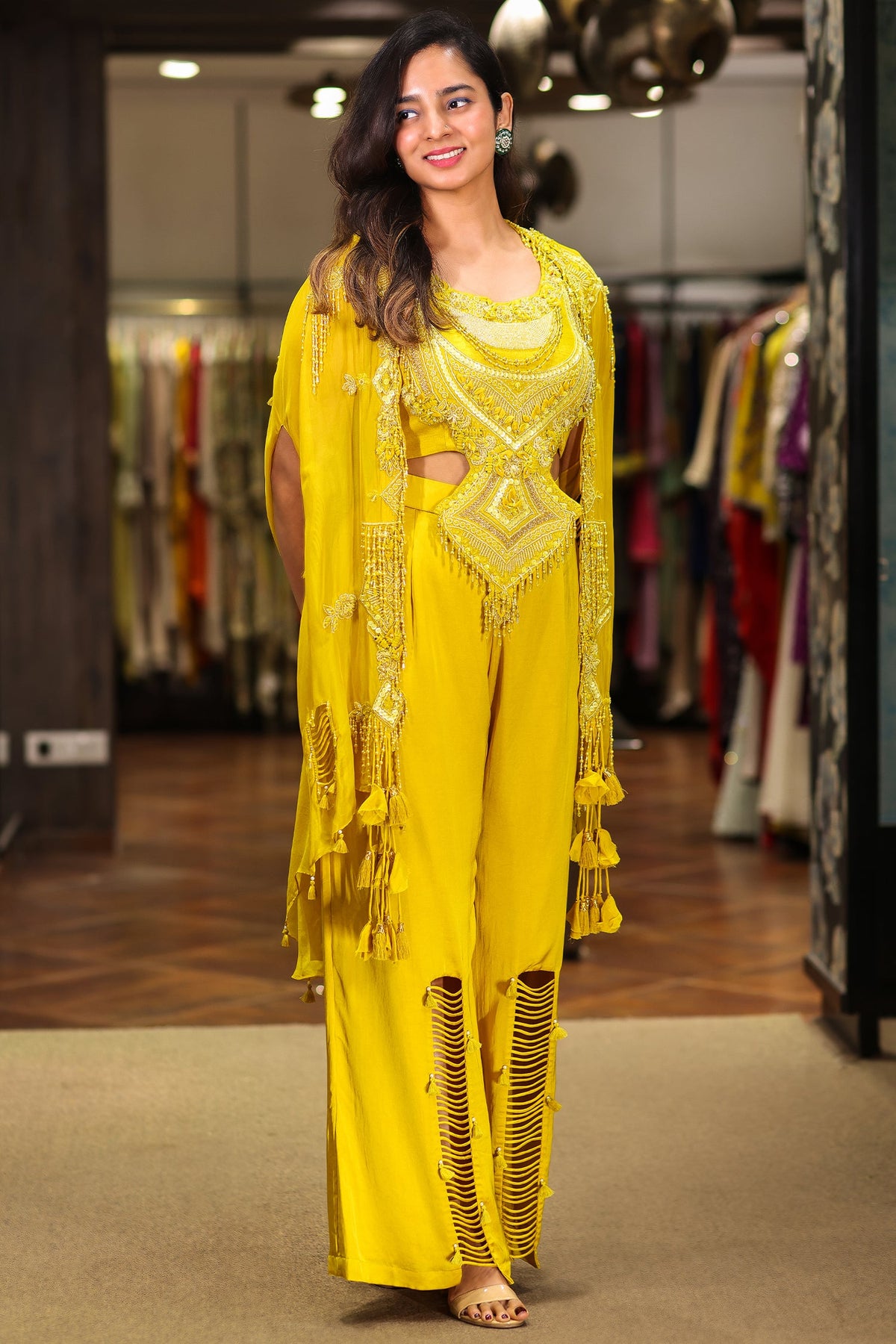 Yellow Raw Silk Designer Heavy Worked Crop Top Palazzo with Jacket - yellow silk saree