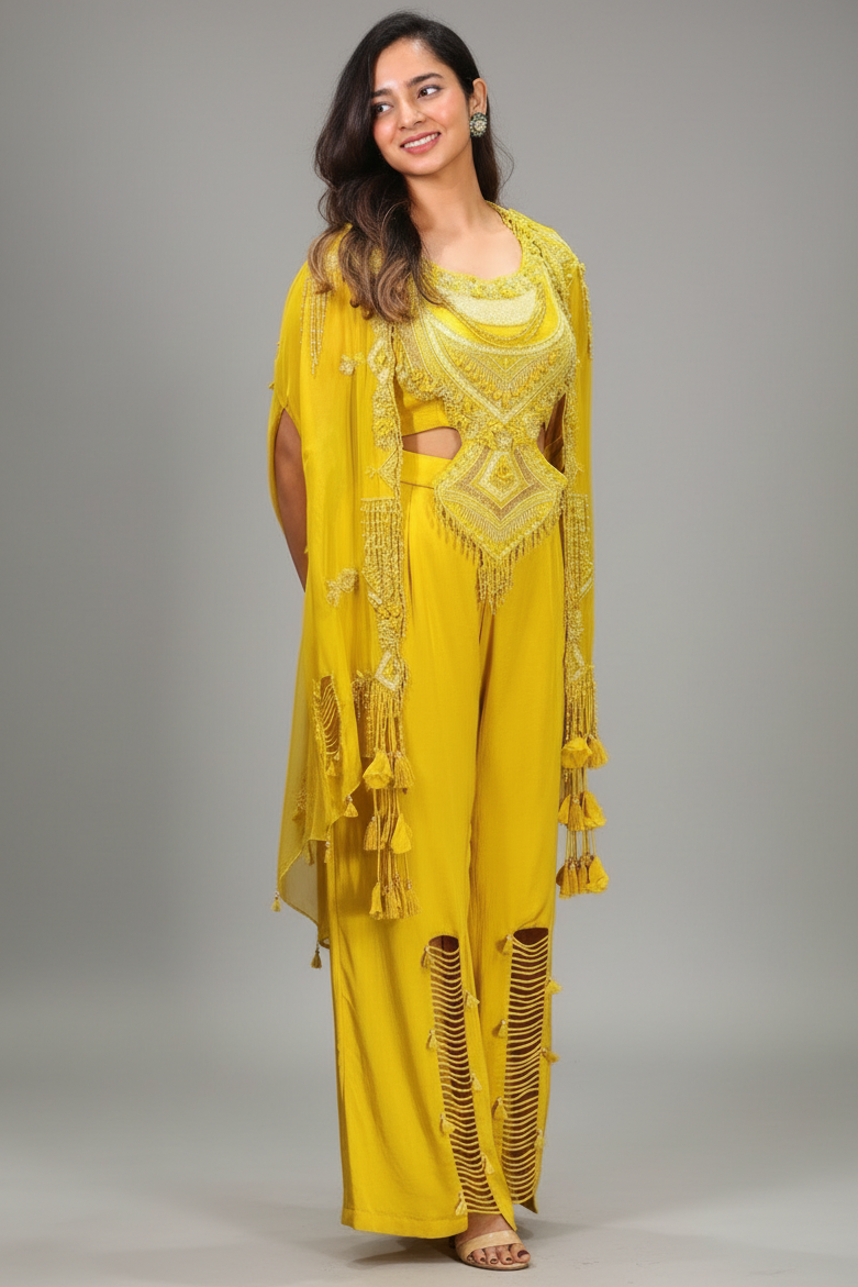 Yellow Raw Silk Designer Heavy Worked Crop Top Palazzo with Jacket - yellow silk saree