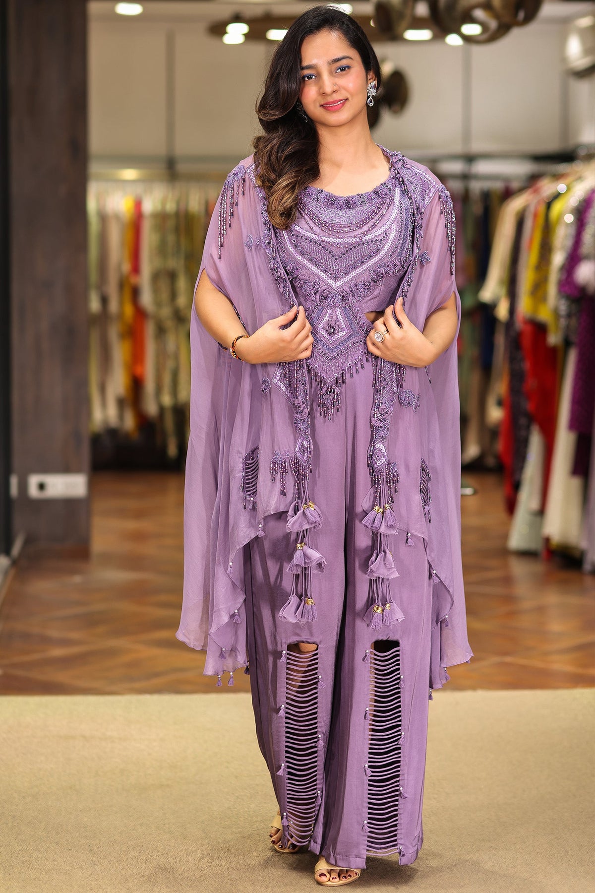 Purple Raw Silk Designer Heavy Worked Crop Top Palazzo with Jacket - purple silk saree