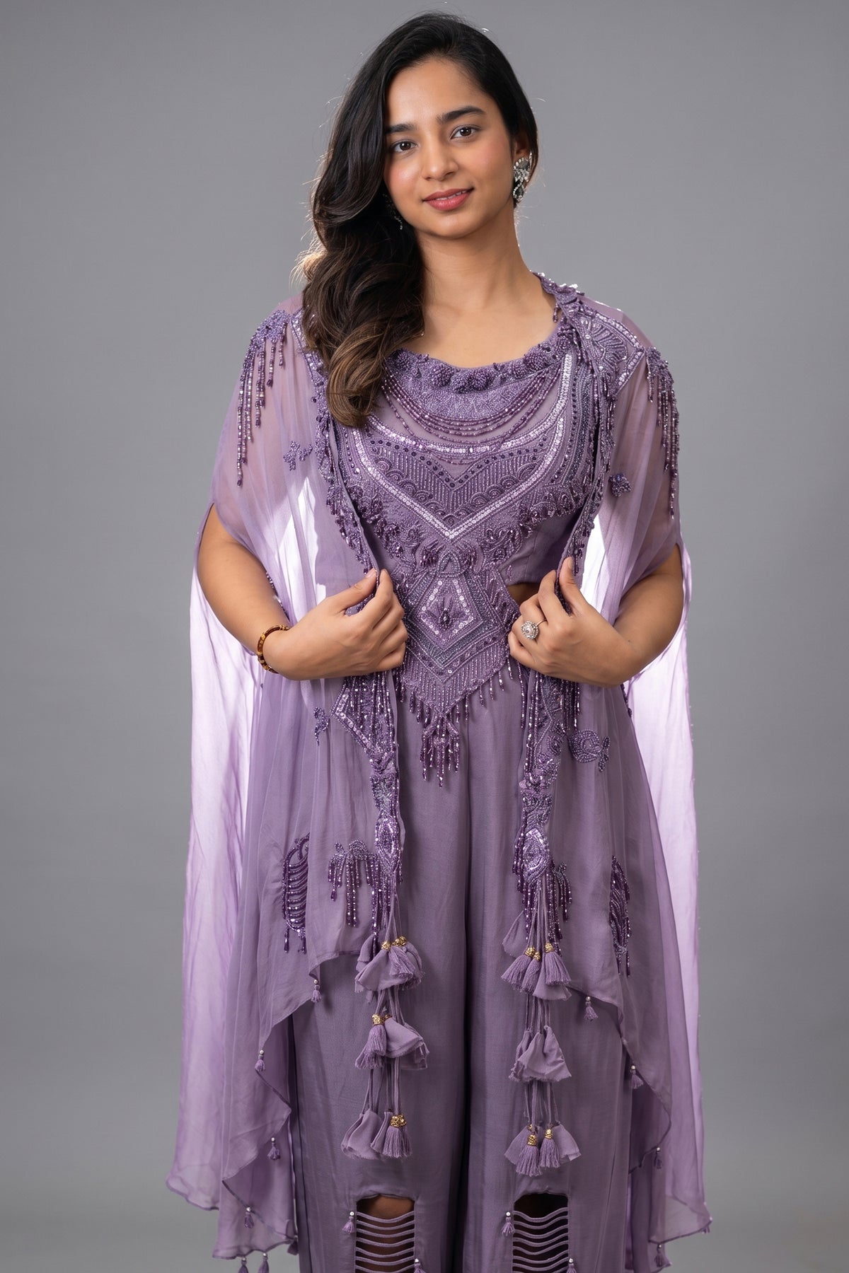Purple Raw Silk Designer Heavy Worked Crop Top Palazzo with Jacket - purple silk saree