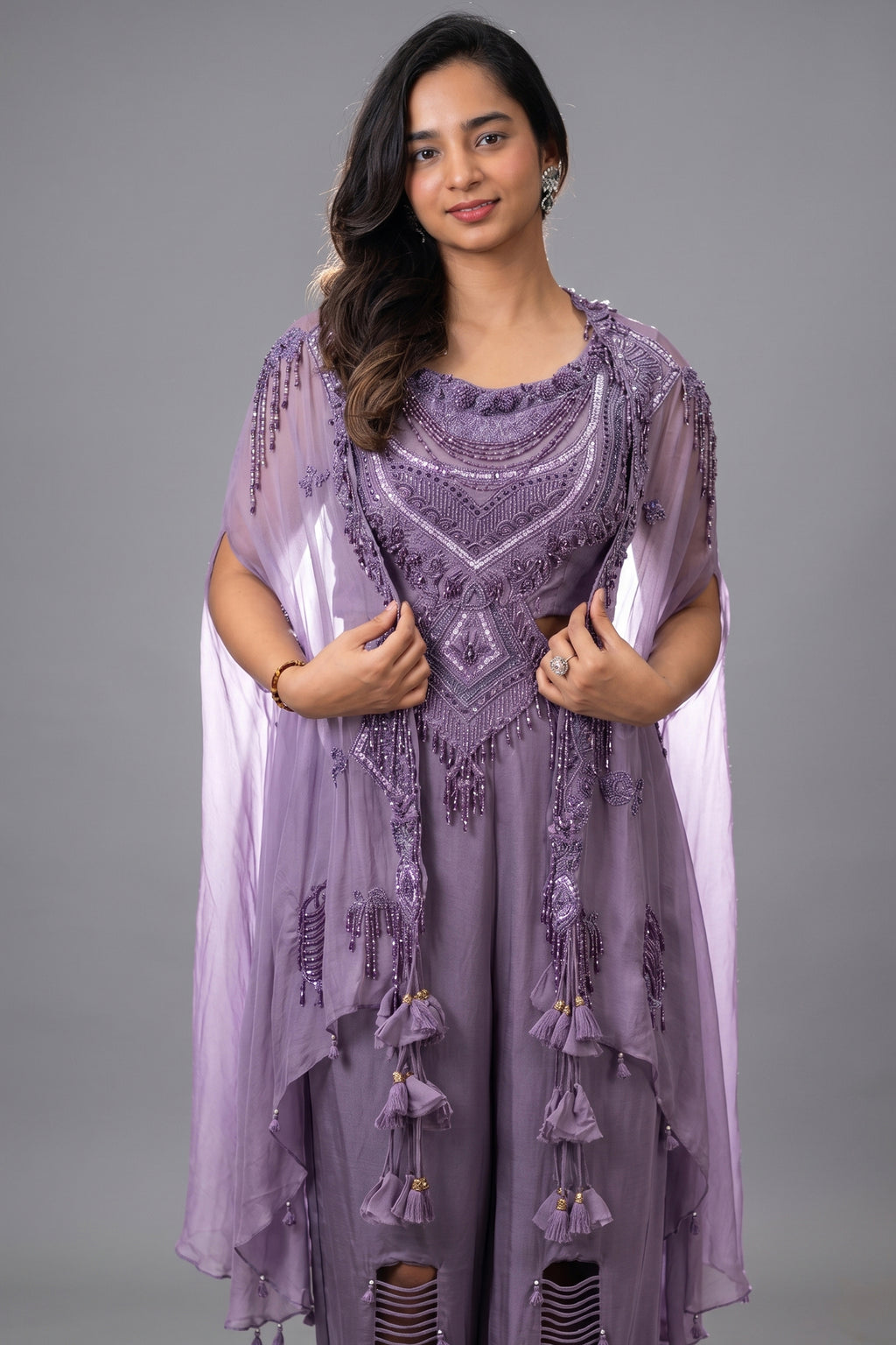Purple Raw Silk Designer Heavy Worked Crop Top Palazzo with Jacket - purple silk saree