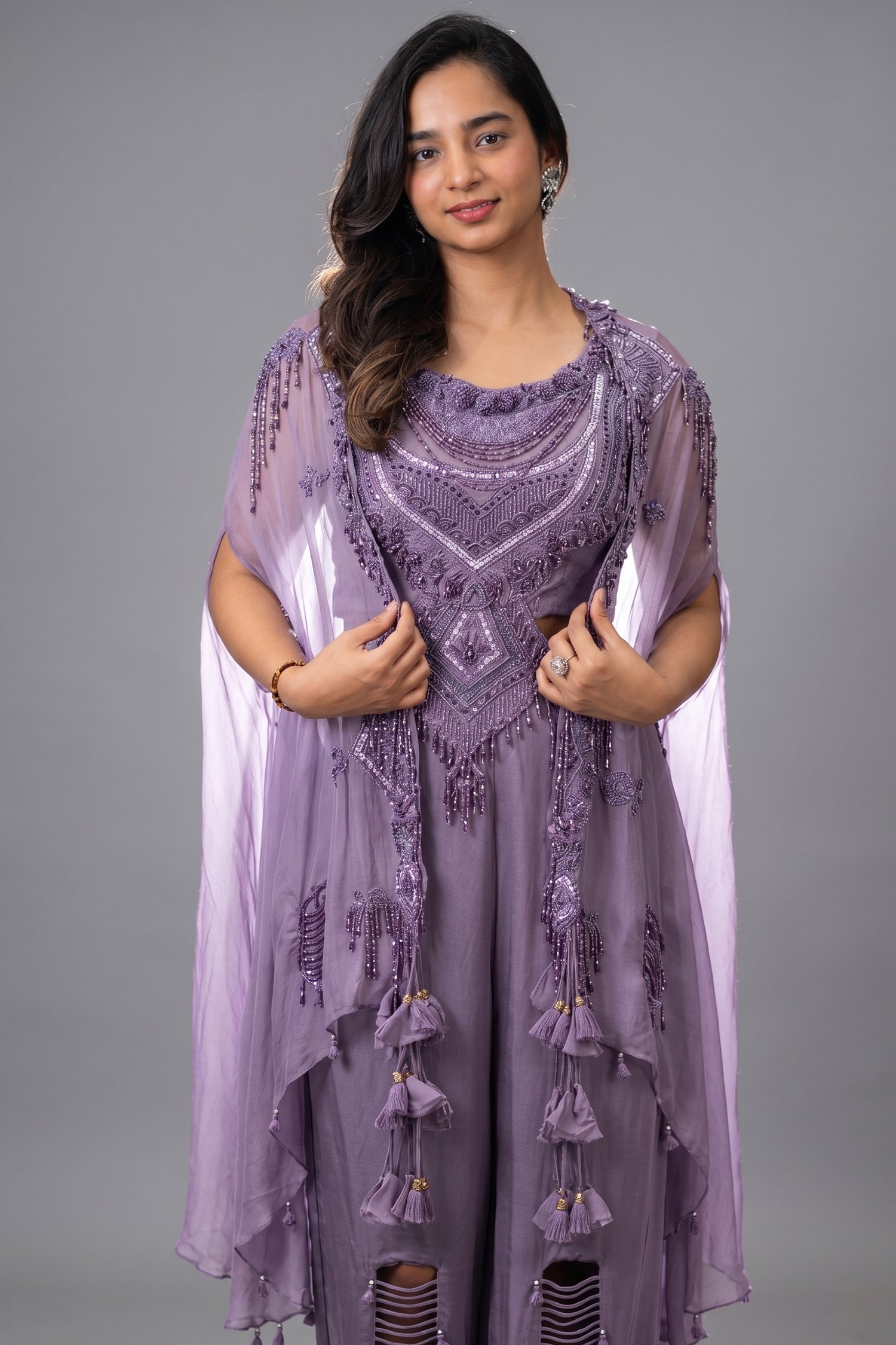 Purple Raw Silk Designer Heavy Worked Crop Top Palazzo with Jacket - purple silk saree