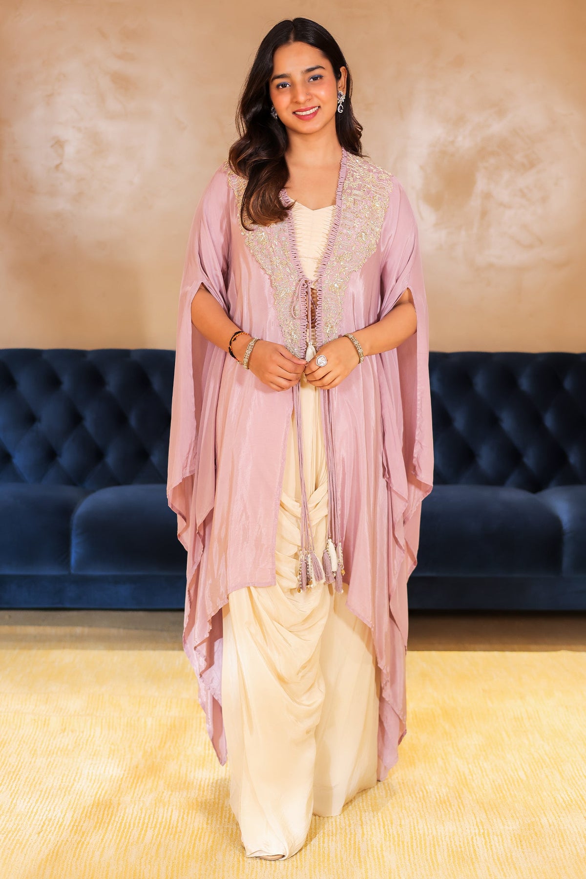 Ivory Beige Crepe Designer Heavy Worked Crop Top Jacket with Dhoti Skirt - ivory crepe saree
