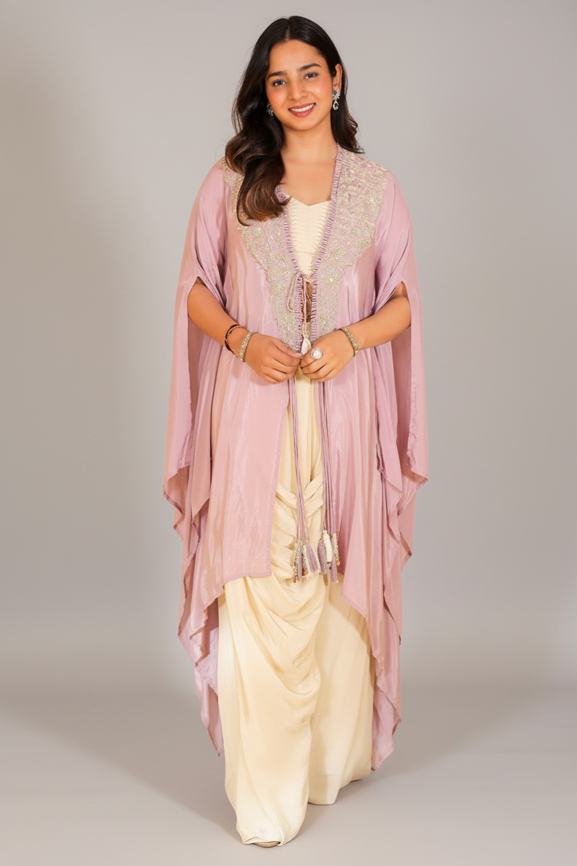 Ivory Beige Crepe Designer Heavy Worked Crop Top Jacket with Dhoti Skirt - ivory crepe saree Main image
