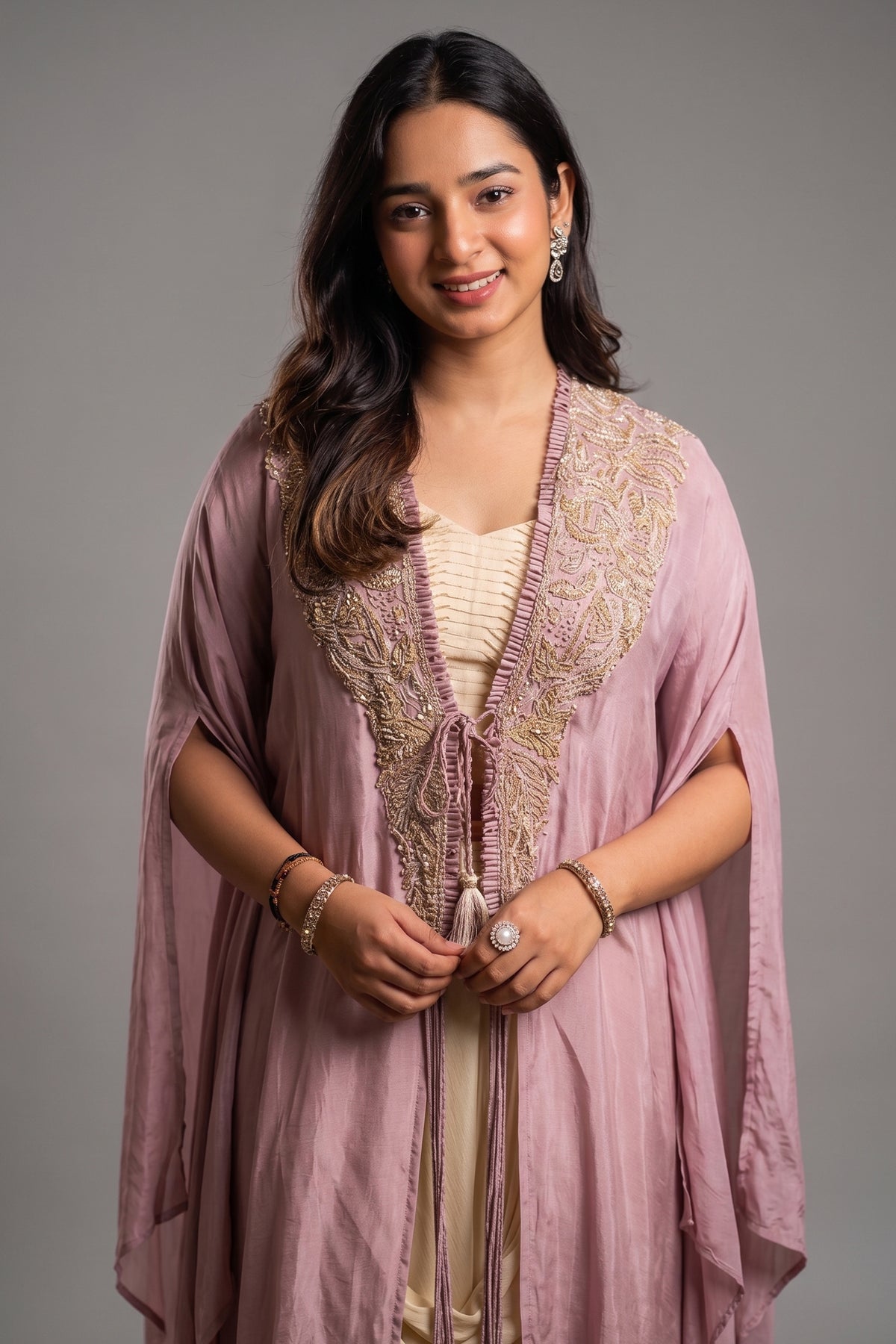 Ivory Beige Crepe Designer Heavy Worked Crop Top Jacket with Dhoti Skirt - ivory crepe saree