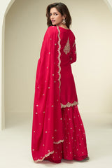 Red Chinon Silk Palazzo Suit with Embroidery