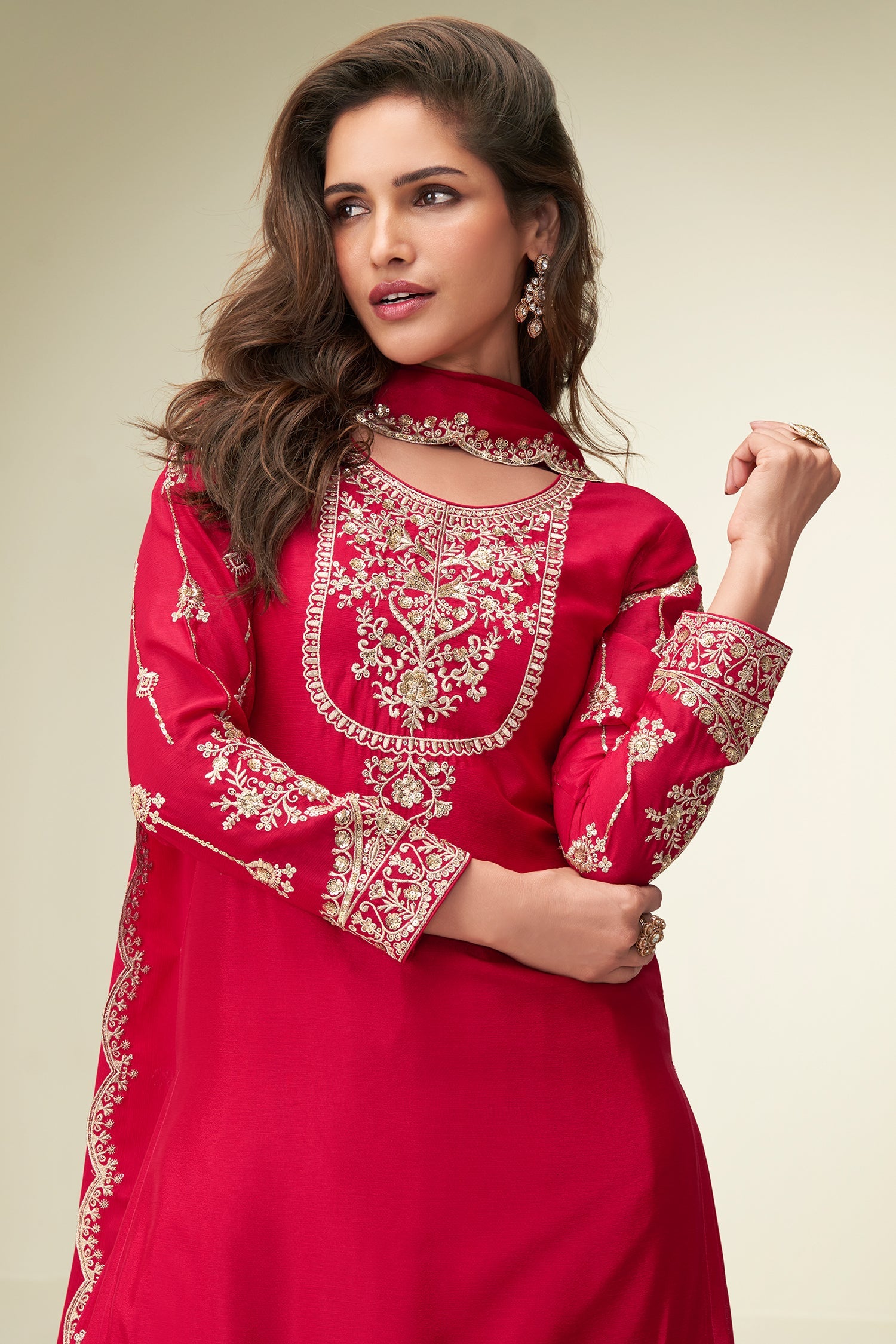 Red Chinon Silk Palazzo Suit with Embroidery