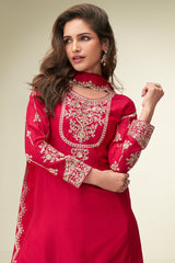 Red Chinon Silk Palazzo Suit with Embroidery