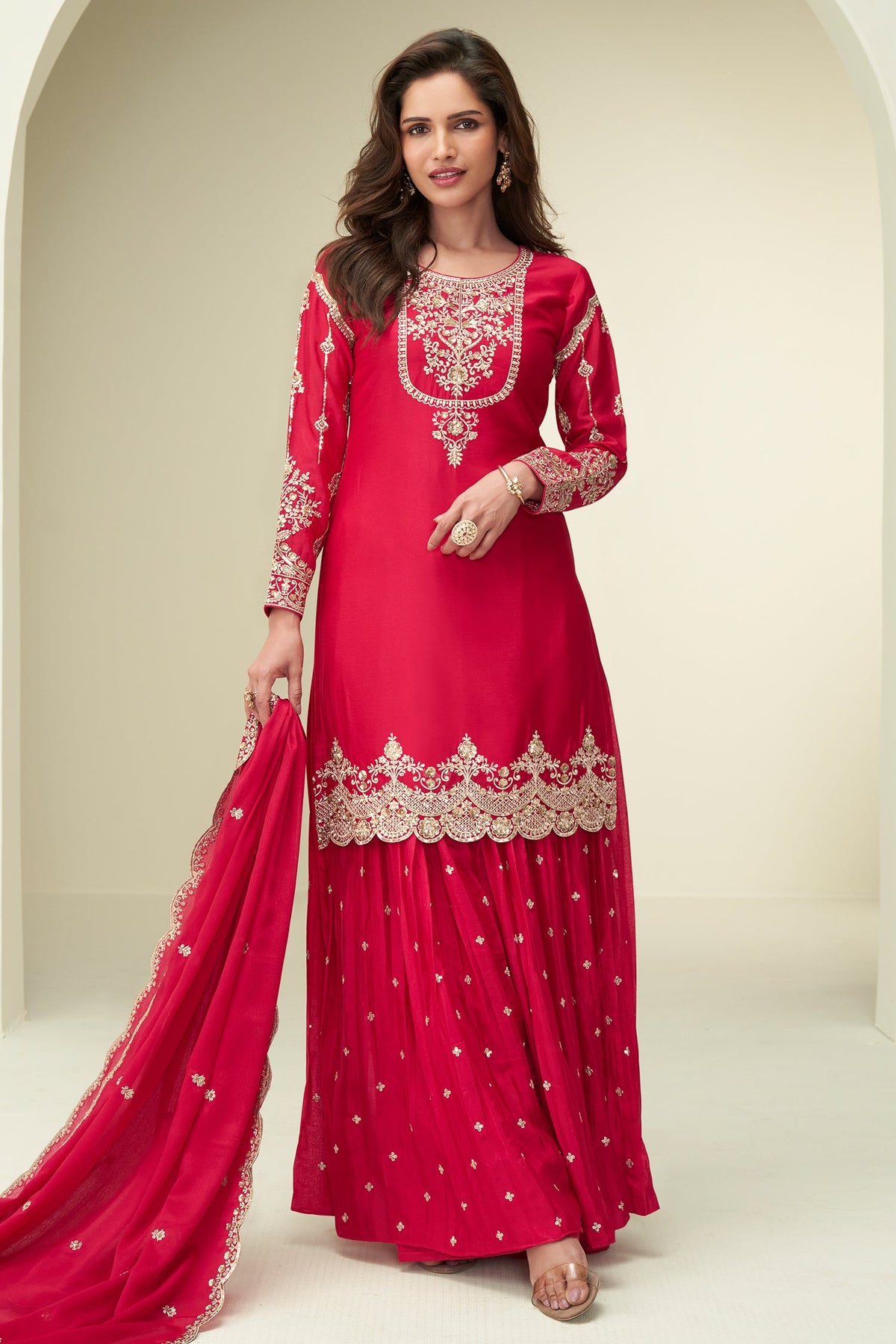 Red Chinon Silk Palazzo Suit with Embroidery