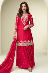 Red Chinon Silk Palazzo Suit with Embroidery