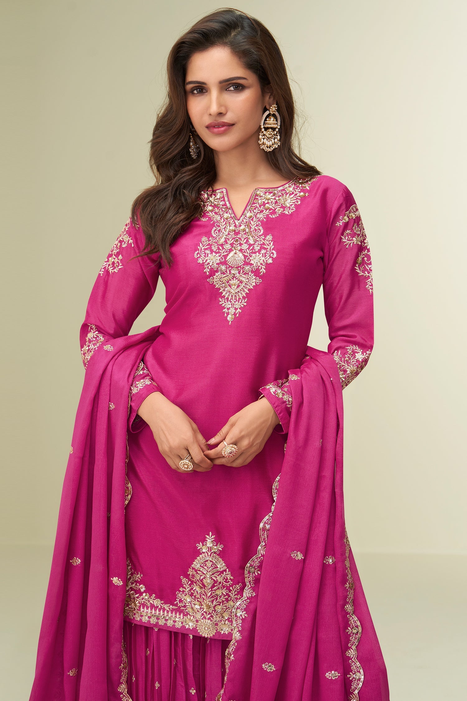 Pink Chinon Silk Palazzo Suit with Embroidery