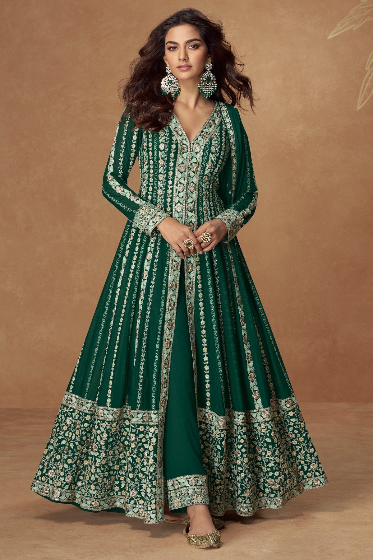 Green Chinon Silk Embroidered Front Slit Cut Suit