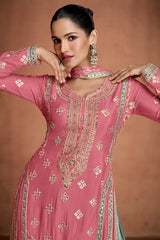 Pink Chinon Straight Cut Suit with Embroidery and Sequin Work
