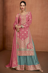 Pink Chinon Straight Cut Suit with Embroidery and Sequin Work