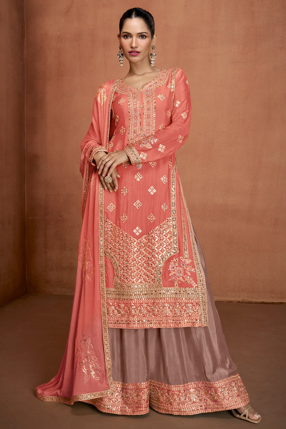 Orange Chinon Straight Cut Suit with Embroidery and Sequin Work