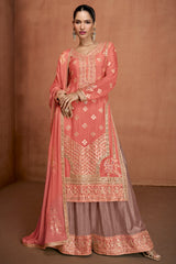 Orange Chinon Straight Cut Suit with Embroidery and Sequin Work